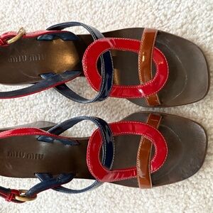 Miu Miu Red Navy Brown Patent Leather Interlocking Strap Sandals